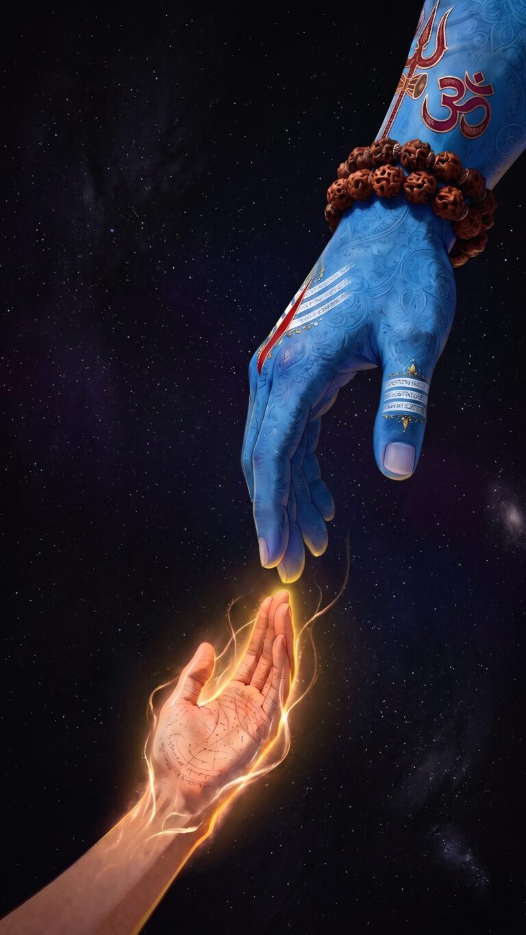 A glowing, ethereal human hand reaching up to touch the intricately tattooed blue hand of Lord Shiva, featuring a rudraksha bracelet, Om symbol, and Trishul against a pitch-black background.