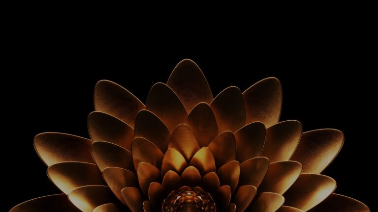 A highly detailed 3D render of a glowing metallic golden lotus flower against a pure black background.