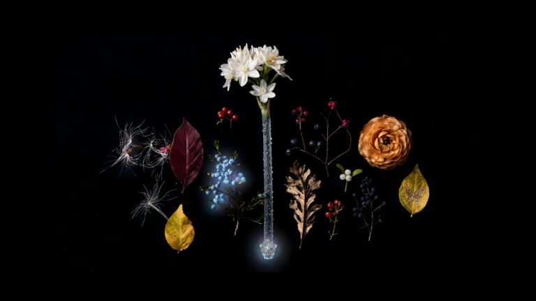 A magical glass wand blooming with white flowers surrounded by floating autumn leaves, glowing berries, and delicate seeds against a pitch-black background.