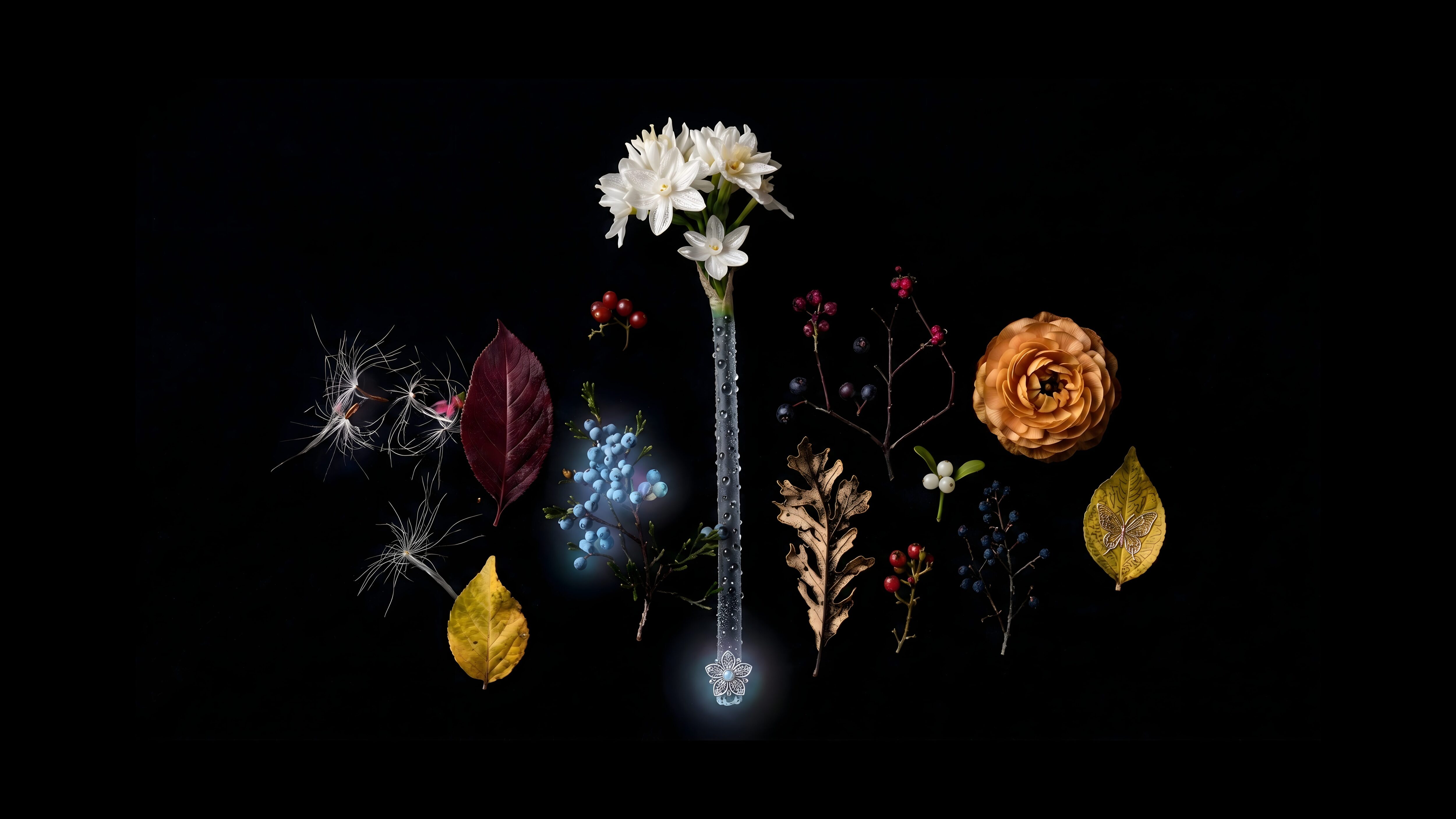 A magical glass wand blooming with white flowers surrounded by floating autumn leaves, glowing berries, and delicate seeds against a pitch-black background.