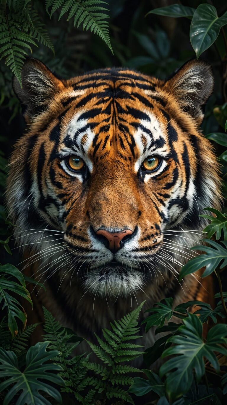 Close up portrait of a fierce Bengal tiger looking directly at the camera through lush green jungle leaves.