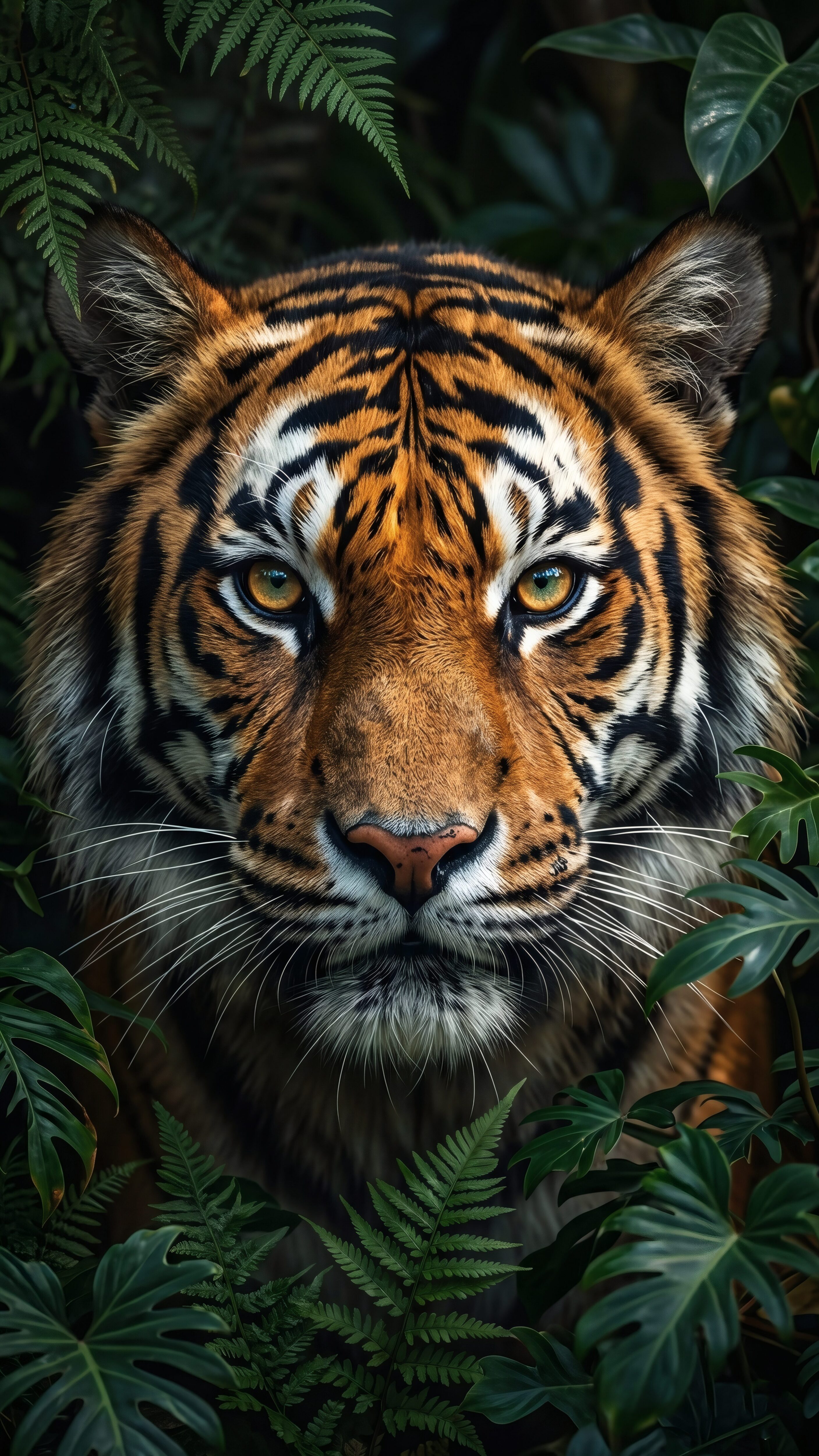 Close up portrait of a fierce Bengal tiger looking directly at the camera through lush green jungle leaves.