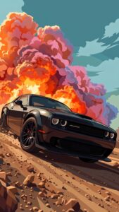 A dark grey Dodge Challenger Jailbreak drifting on a dirt road with a massive, colorful fiery explosion in the background, designed in a vivid comic book illustration style.