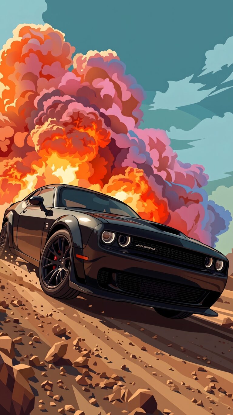 A dark grey Dodge Challenger Jailbreak drifting on a dirt road with a massive, colorful fiery explosion in the background, designed in a vivid comic book illustration style.
