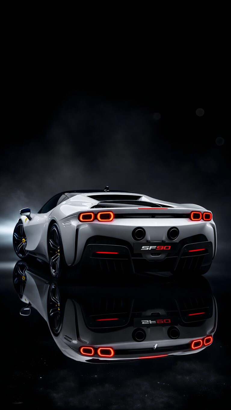 White Ferrari SF90 supercar rear view with glowing red taillights and reflection on a dark background.