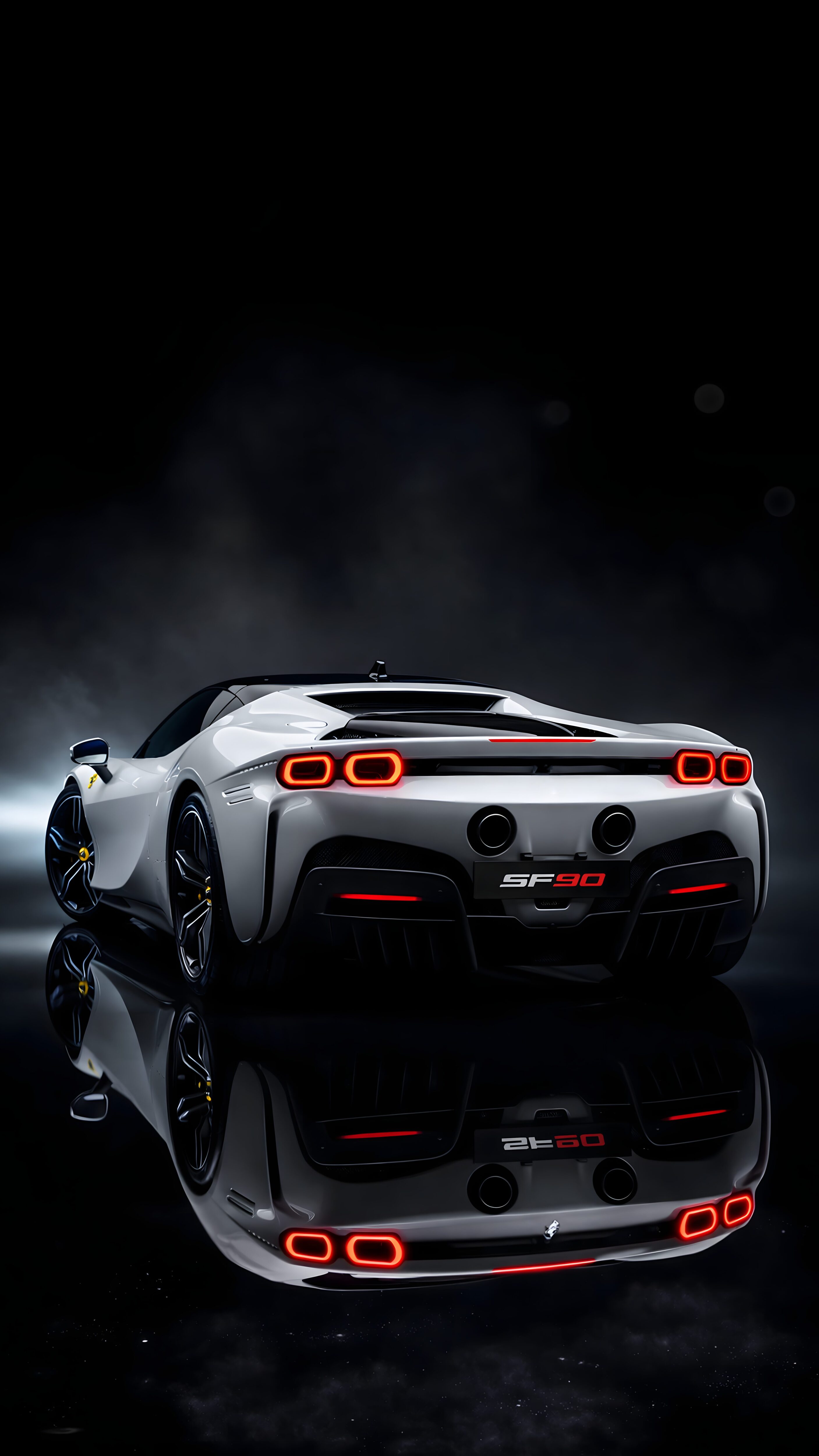White Ferrari SF90 supercar rear view with glowing red taillights and reflection on a dark background.