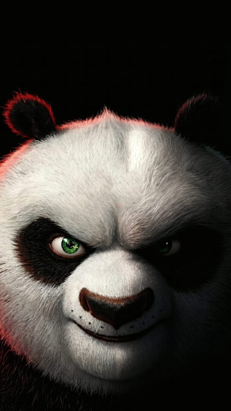 Extreme close-up of a 3D animated panda face with intense green eyes, detailed fur, and dramatic red rim lighting against a pitch-black background.
