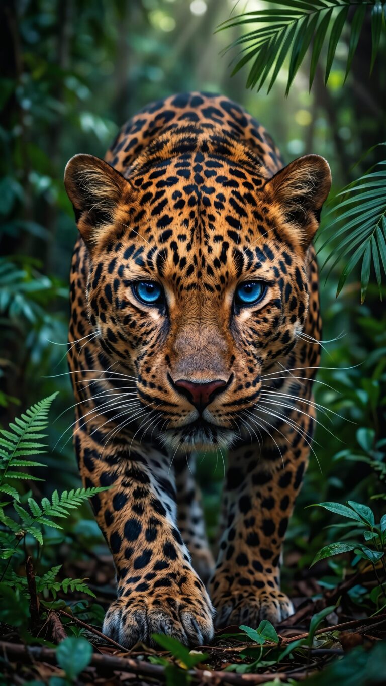 Close-up of a majestic leopard with piercing blue eyes prowling forward through a lush green jungle environment.