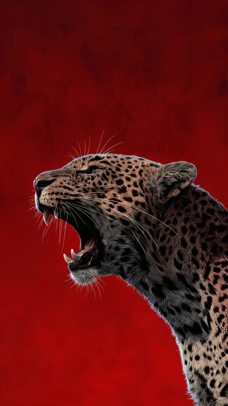 A highly detailed illustration of a roaring leopard in profile against a dark red background.