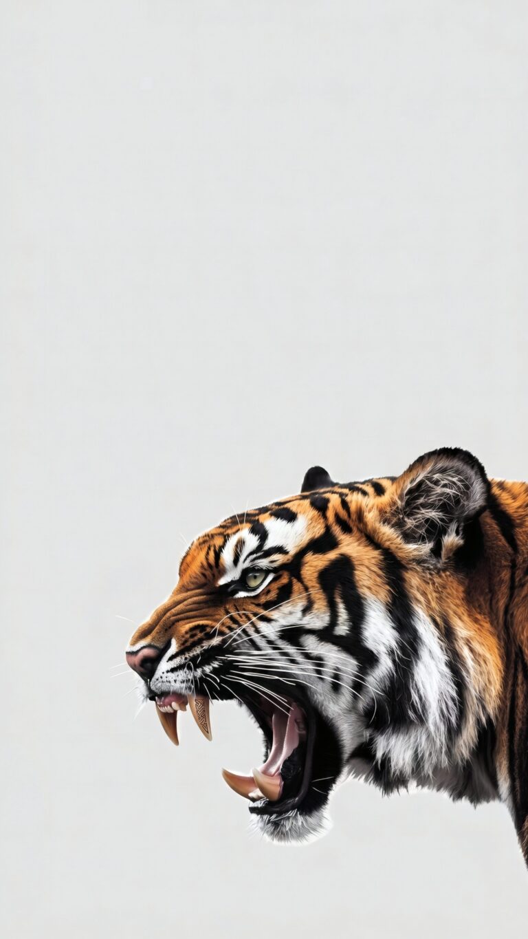 Side profile of a fiercely roaring Bengal tiger against a solid minimalist white background.