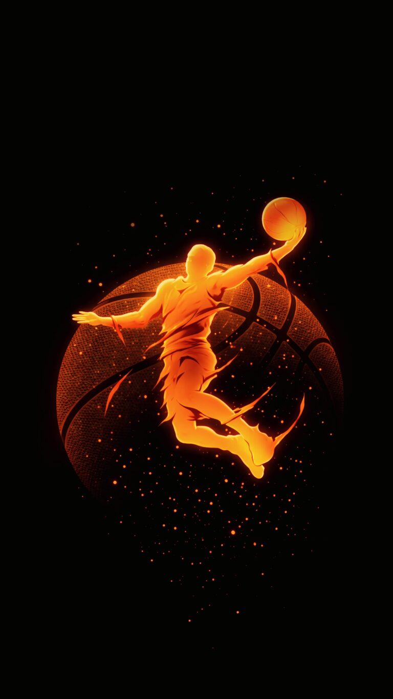 A glowing neon orange silhouette of a basketball player performing a slam dunk against a pitch-black background scattered with glowing embers.