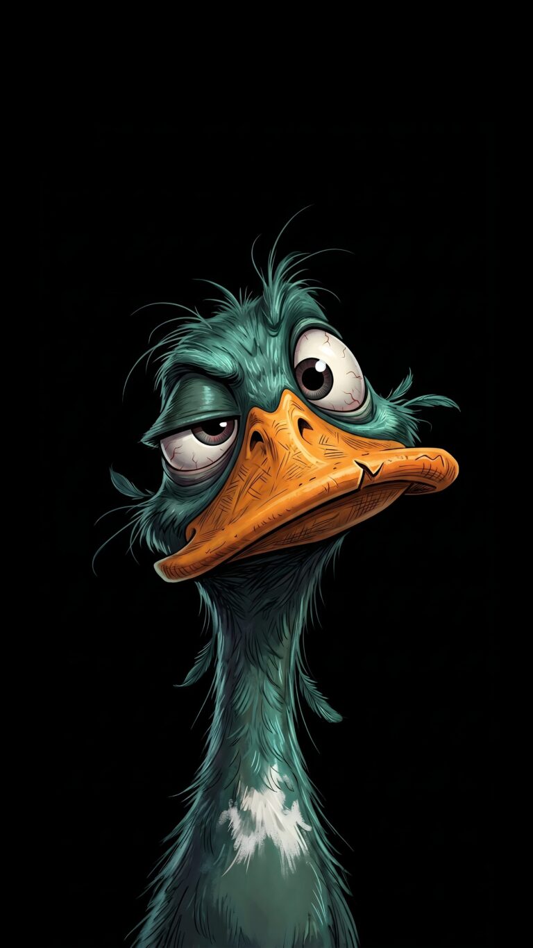 Illustration of a funny, tired-looking teal duck with bloodshot eyes and an orange bill on a solid black background.