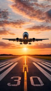 A passenger airplane taking off from runway 30 directly toward the viewer during a vibrant golden sunset with dramatic clouds.