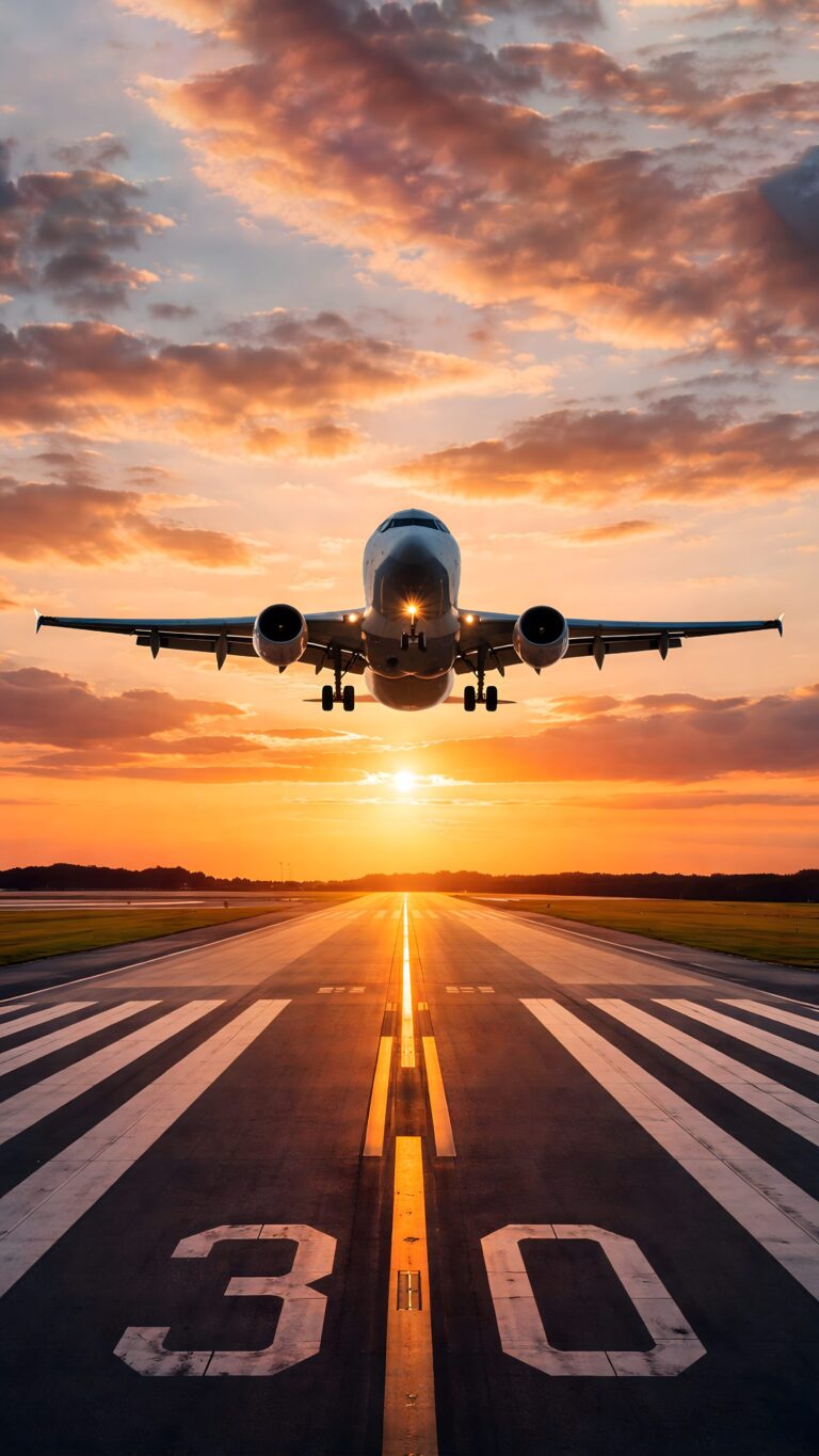 A passenger airplane taking off from runway 30 directly toward the viewer during a vibrant golden sunset with dramatic clouds.