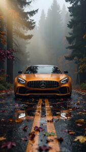 Front view of a golden Mercedes-AMG sports car parked on a wet forest road covered in autumn leaves with misty pine trees in the background.