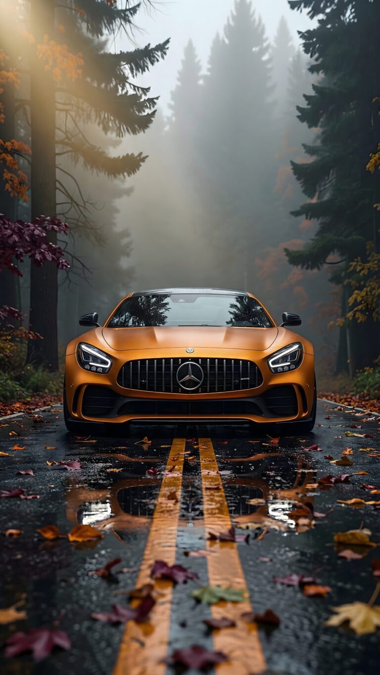 Front view of a golden Mercedes-AMG sports car parked on a wet forest road covered in autumn leaves with misty pine trees in the background.