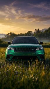 Front view of a shimmering emerald green Range Rover parked in a field of wildflowers under a golden sunset sky.
