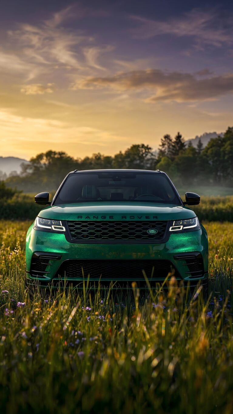 Front view of a shimmering emerald green Range Rover parked in a field of wildflowers under a golden sunset sky.