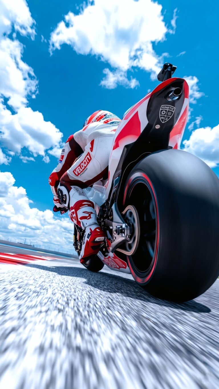 Rear view of a motorcycle racer leaning into a high-speed turn on a sunny racetrack.