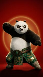3D martial arts panda in fighting pose with green and gold outfit on a red background 4k mobile wallpaper.