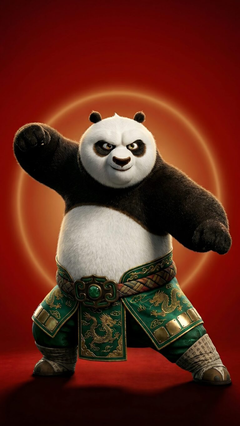 3D martial arts panda in fighting pose with green and gold outfit on a red background 4k mobile wallpaper.