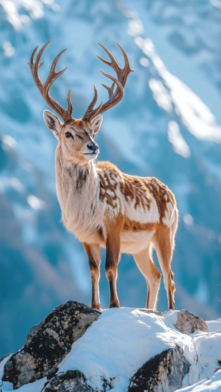 A beautiful stag with large antlers standing proudly on a snowy rock, set against a blurred background of icy blue mountain peaks.