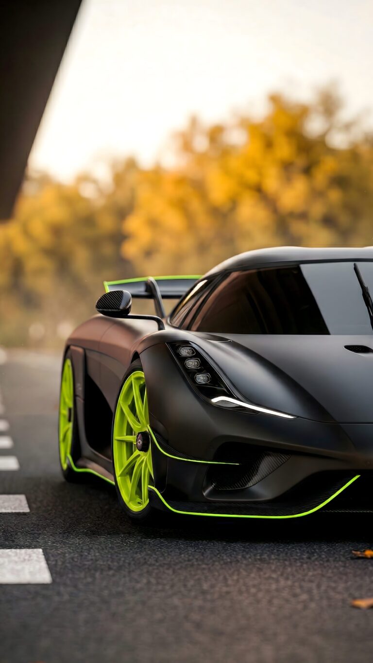 Matte black hypercar with neon green wheels parked on a road at sunset.