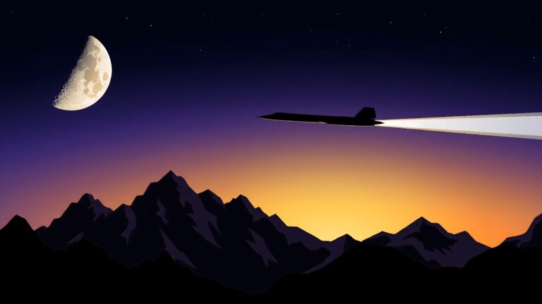 Silhouette of a sleek stealth jet flying over jagged mountains during a vibrant purple and orange twilight with a glowing crescent moon.