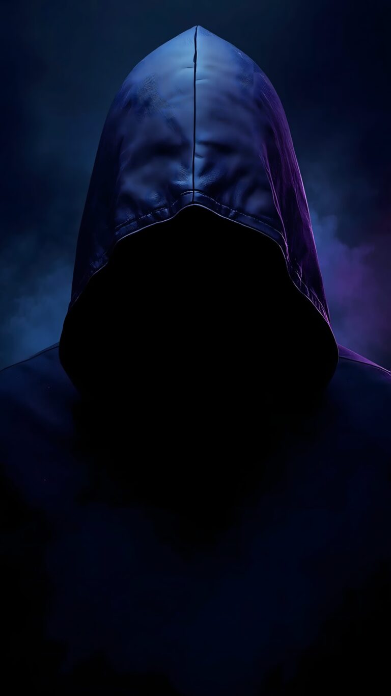 A mysterious figure wearing a dark hood with a completely shadowed face, illuminated by moody neon blue and purple smoke in the background.