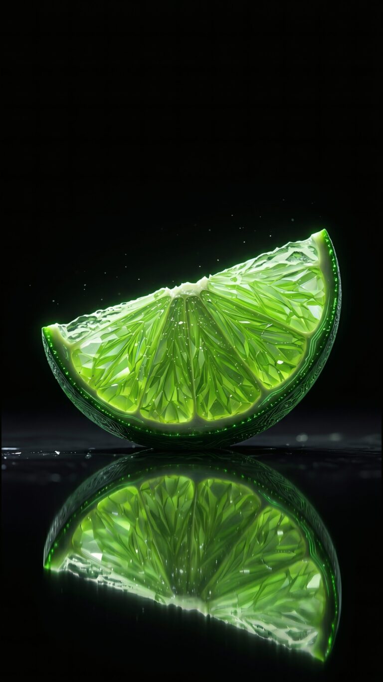 A glowing, highly detailed crystalline green lime wedge resting on a pure black surface with a crisp reflection.