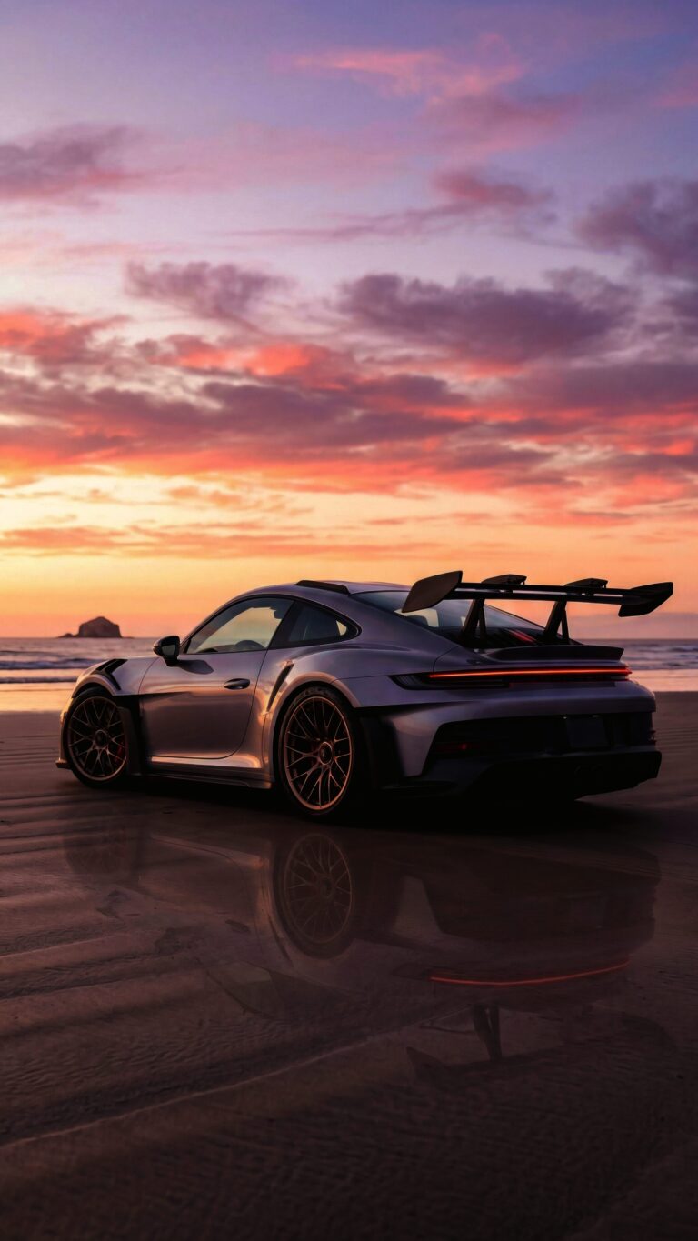 Silver Porsche 911 GT3 RS parked on a wet beach reflecting a vibrant pink and orange sunset sky.