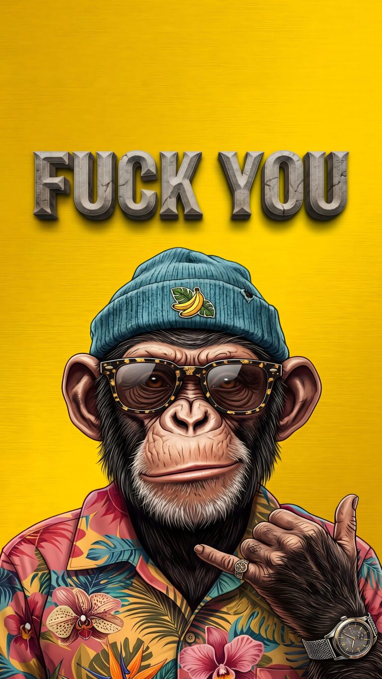 A cool, detailed monkey wearing tortoiseshell sunglasses, a colorful tropical shirt, and a blue beanie, making a shaka hand sign under bold stone typography on a vibrant yellow background.