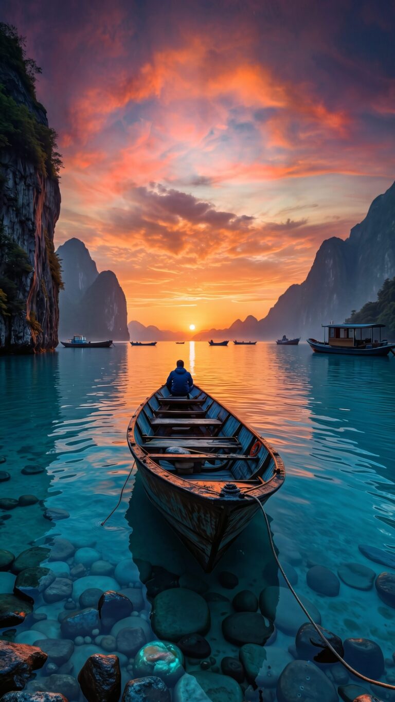 A person sitting in a wooden boat on crystal clear water, looking at a vibrant sunset over towering mountain cliffs.