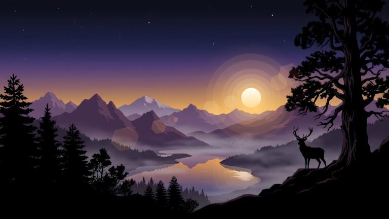 A beautiful horizontal digital landscape showing a deer on a cliff, silhouetted pine trees, majestic mountains, and a glowing sunset over a calm lake.