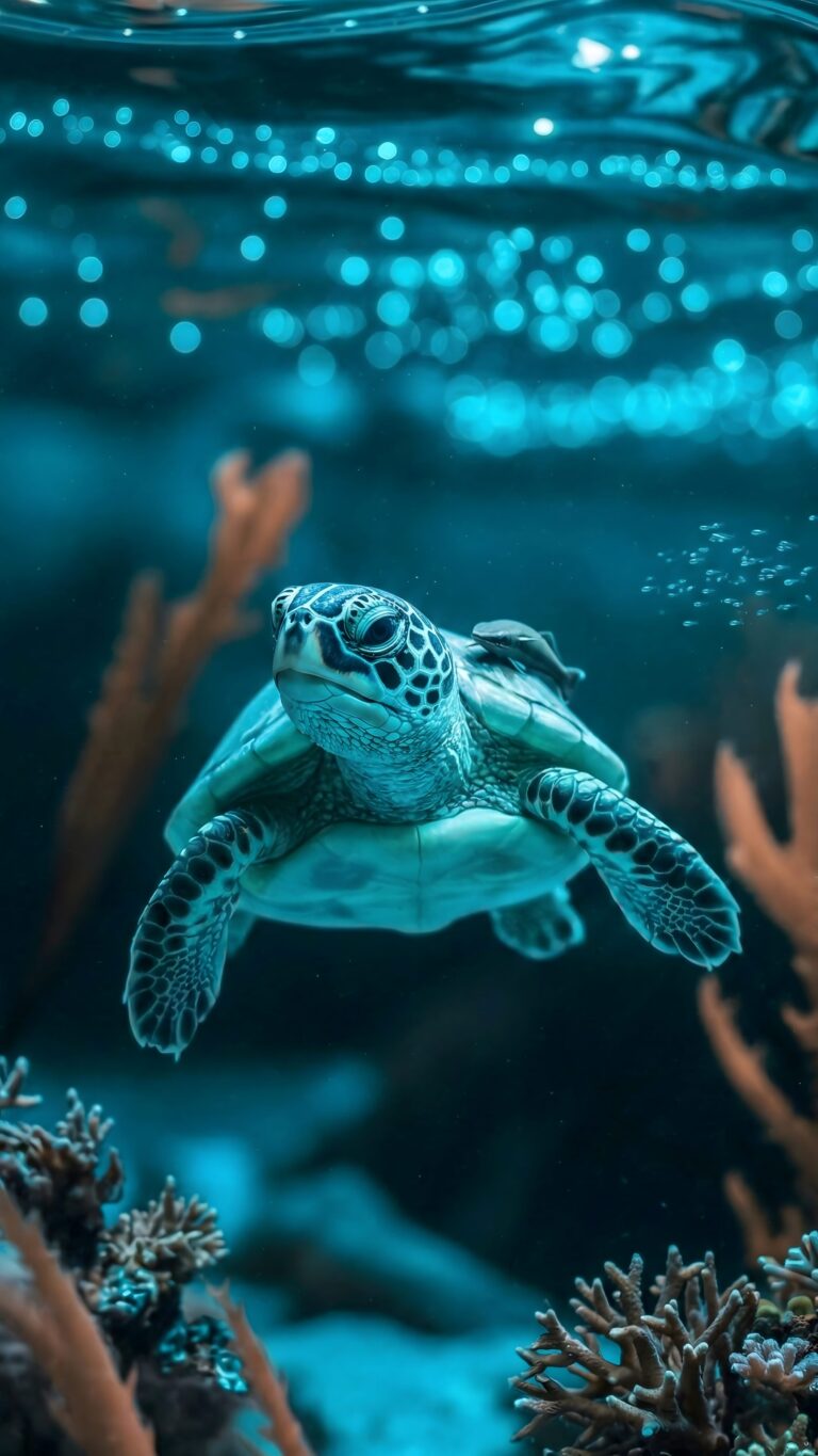 A beautiful sea turtle swimming in a crystal clear blue ocean, aesthetic underwater phone background.