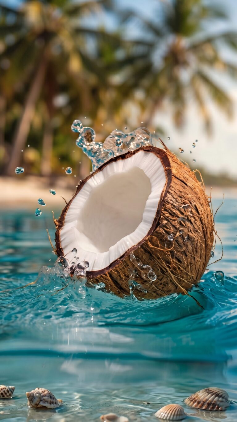 A halved coconut splashing into crystal clear turquoise water with seashells on the sand and tropical palm trees in the background.