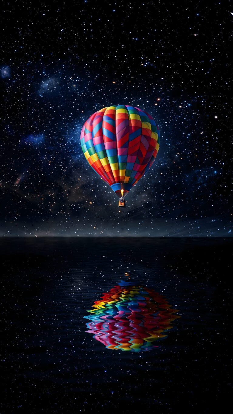 A colorful hot air balloon floating against a dazzling starry galaxy sky, reflecting perfectly on calm dark water.