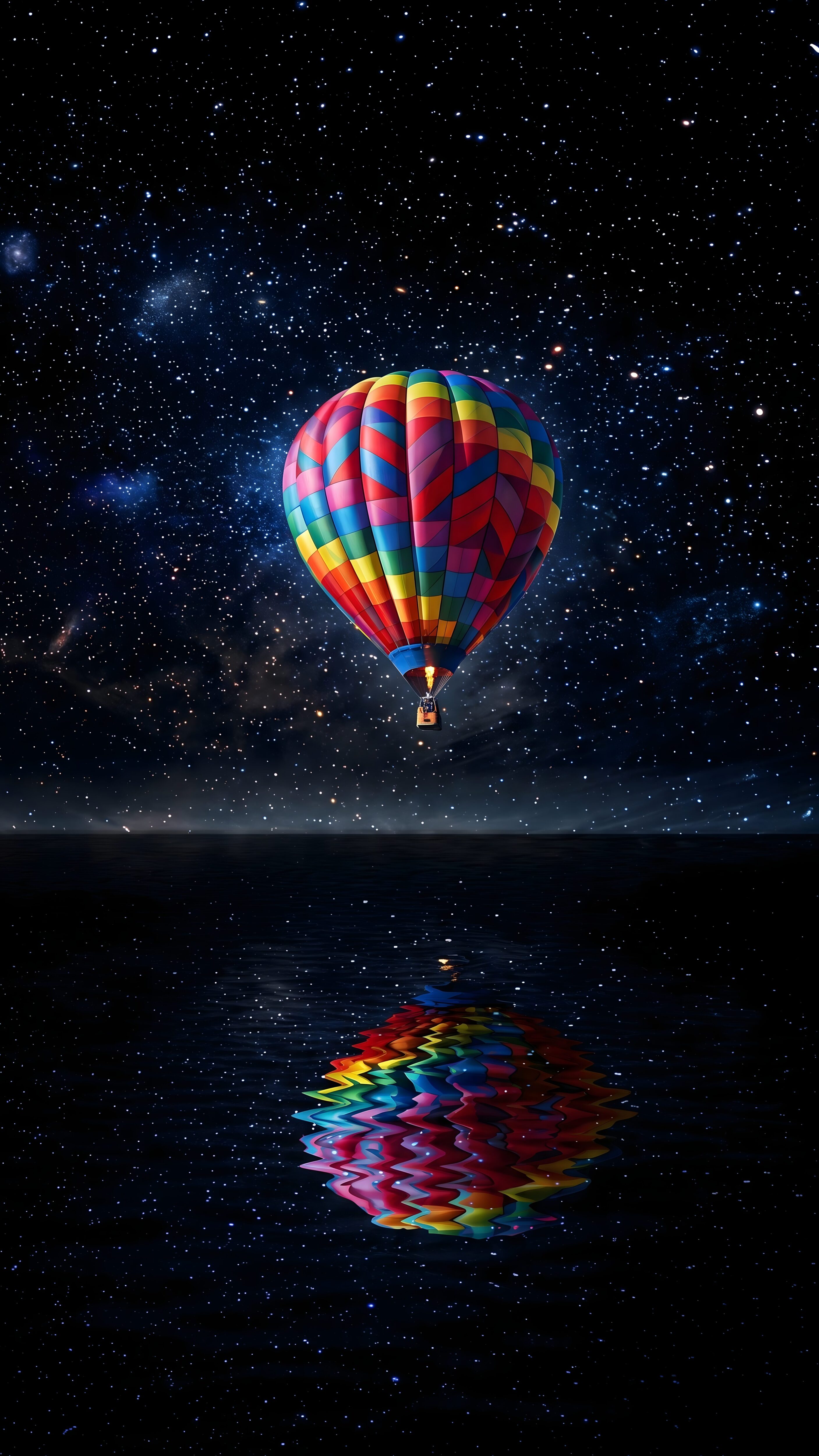 A colorful hot air balloon floating against a dazzling starry galaxy sky, reflecting perfectly on calm dark water.