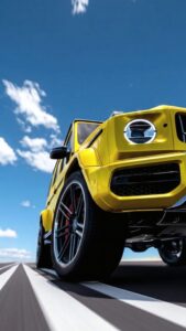 A bright yellow Mercedes G-Wagon driving from a low angle on a highway under a clear blue sky.