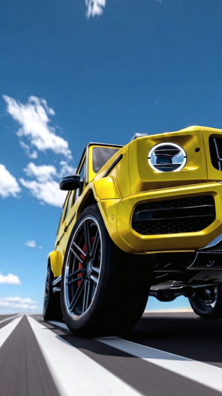 A bright yellow Mercedes G-Wagon driving from a low angle on a highway under a clear blue sky.