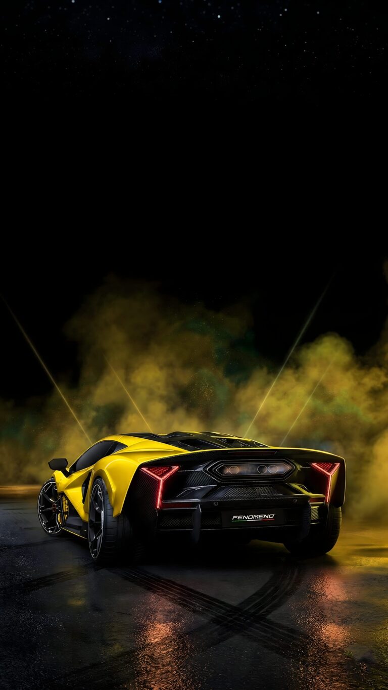 Rear view of a glowing yellow supercar parked on wet asphalt with glowing yellow smoke and tire tracks against a dark starry night sky.