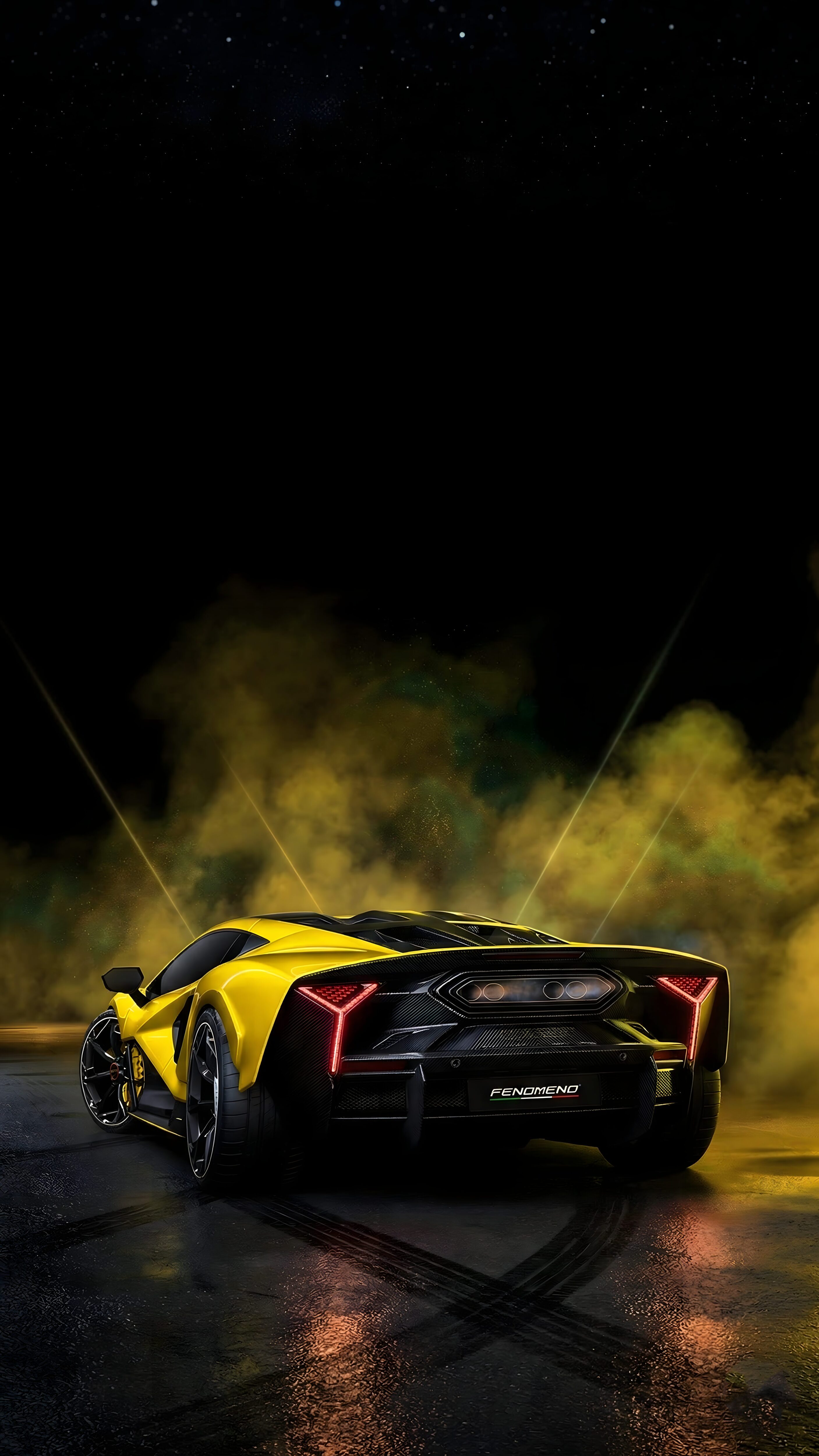 Rear view of a glowing yellow supercar parked on wet asphalt with glowing yellow smoke and tire tracks against a dark starry night sky.
