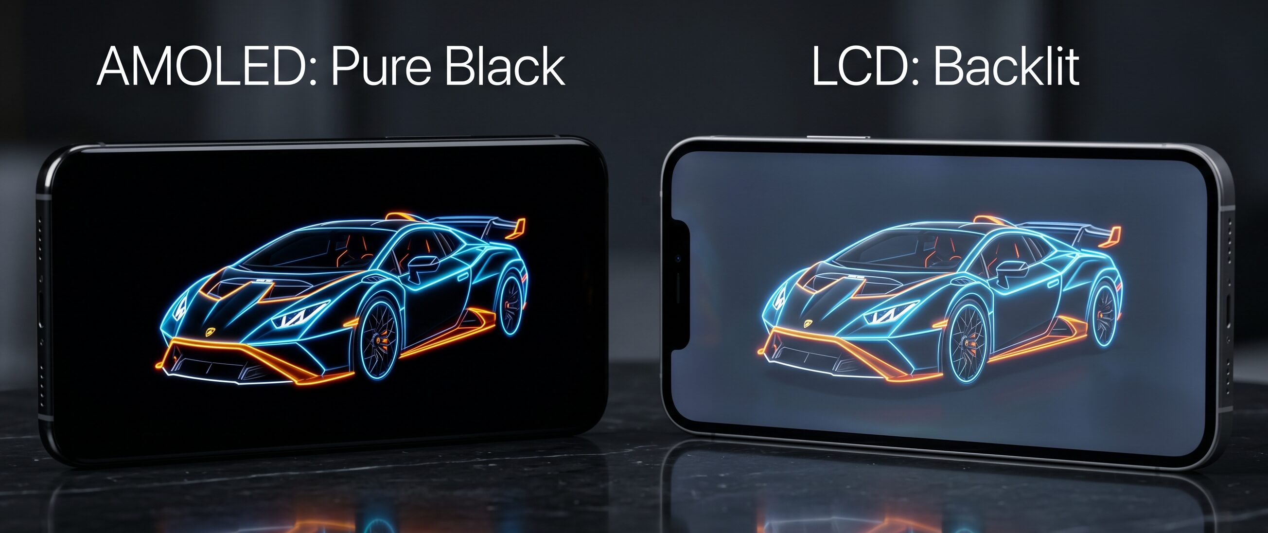 AMOLED vs LCD display comparison showing true black vs backlight battery saving difference