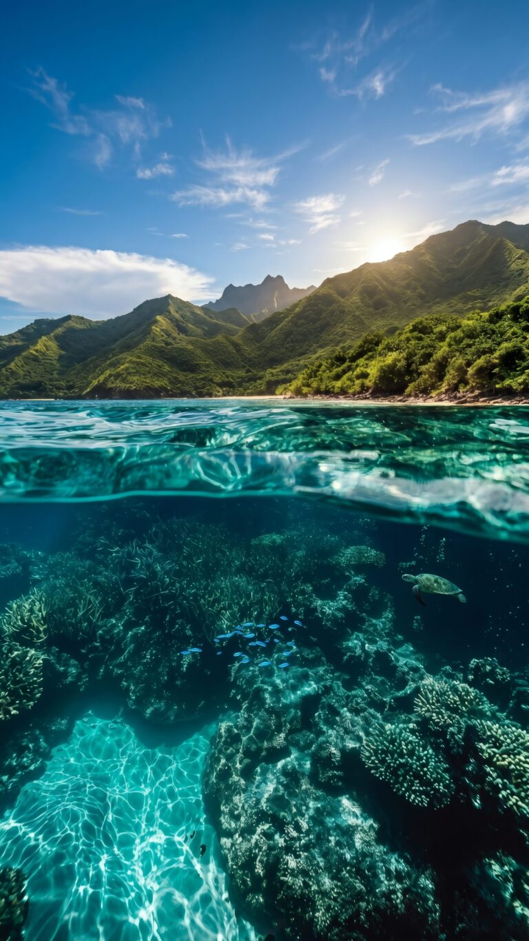 Vertical split view of a lush tropical island mountain above water and a vibrant coral reef with a sea turtle below, optimized for smartphone lock screens.