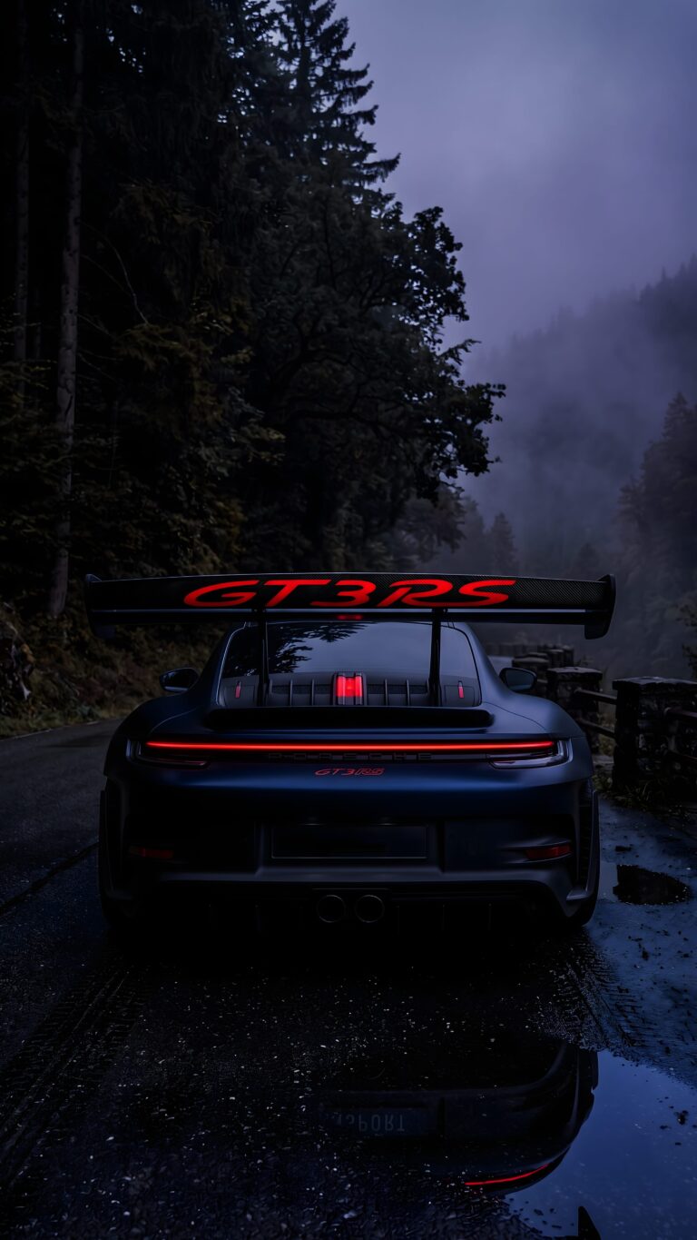 Dark grey Porsche GT3 RS parked on a wet, misty forest road with glowing red taillights, optimized for mobile screens.