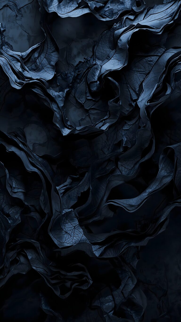 Dark blue and black abstract textured wallpaper resembling crushed leaves or veined fabric for mobile phones.