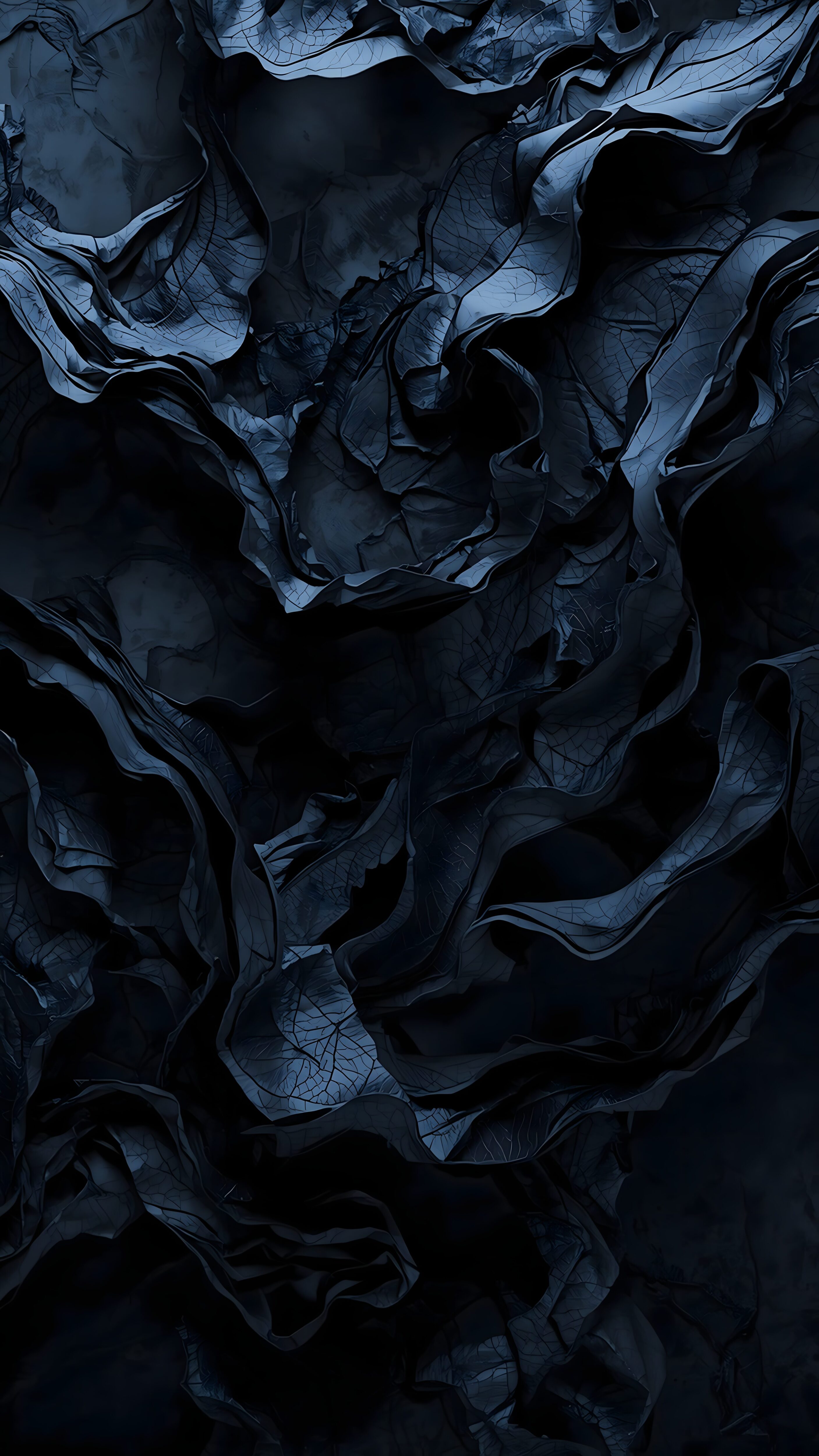 Dark blue and black abstract textured wallpaper resembling crushed leaves or veined fabric for mobile phones.