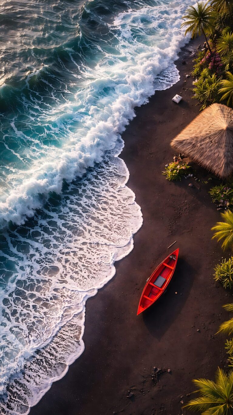 Aerial view of a black sand beach with crashing teal waves, a bright red canoe, and lush palm trees next to a straw hut.