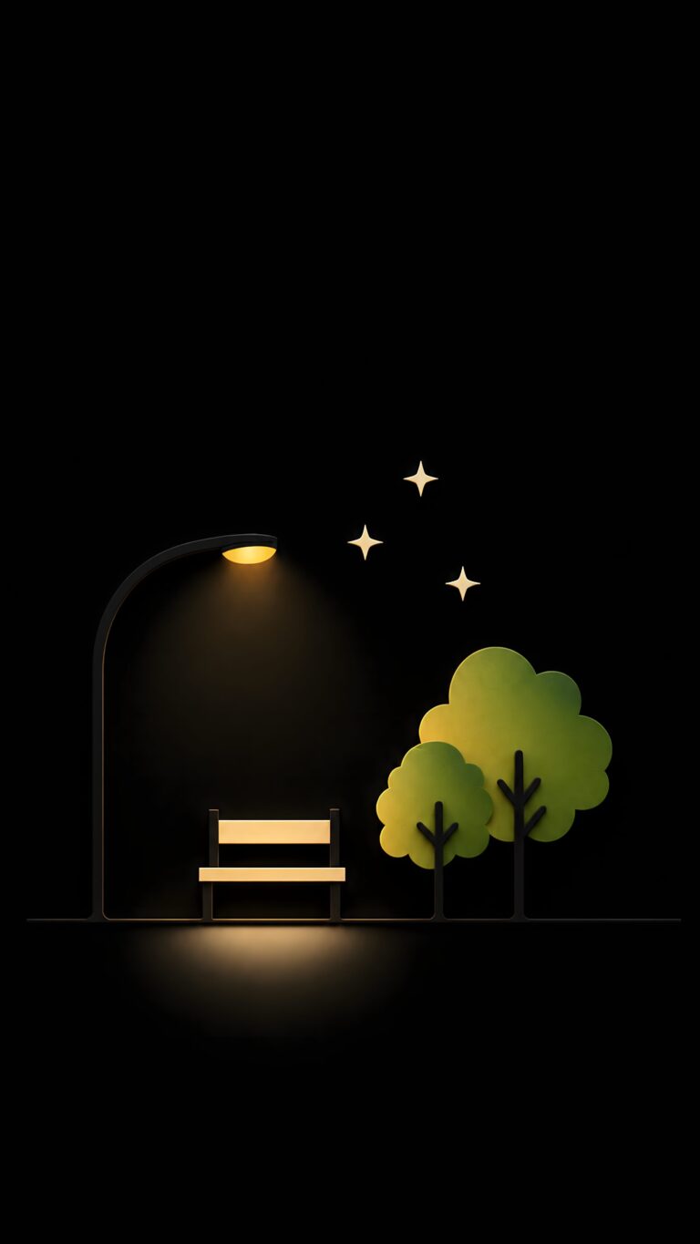 Minimalist illustration of a quiet park bench under a glowing yellow street lamp next to trees and stars on a black background.
