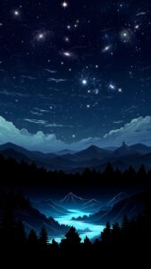 Vertical digital art of a magical starry night sky with galaxies above dark mountain silhouettes and a bright, glowing cyan river.